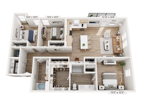 Floor plan for 3 beds, 2 baths, 1395 sqft
